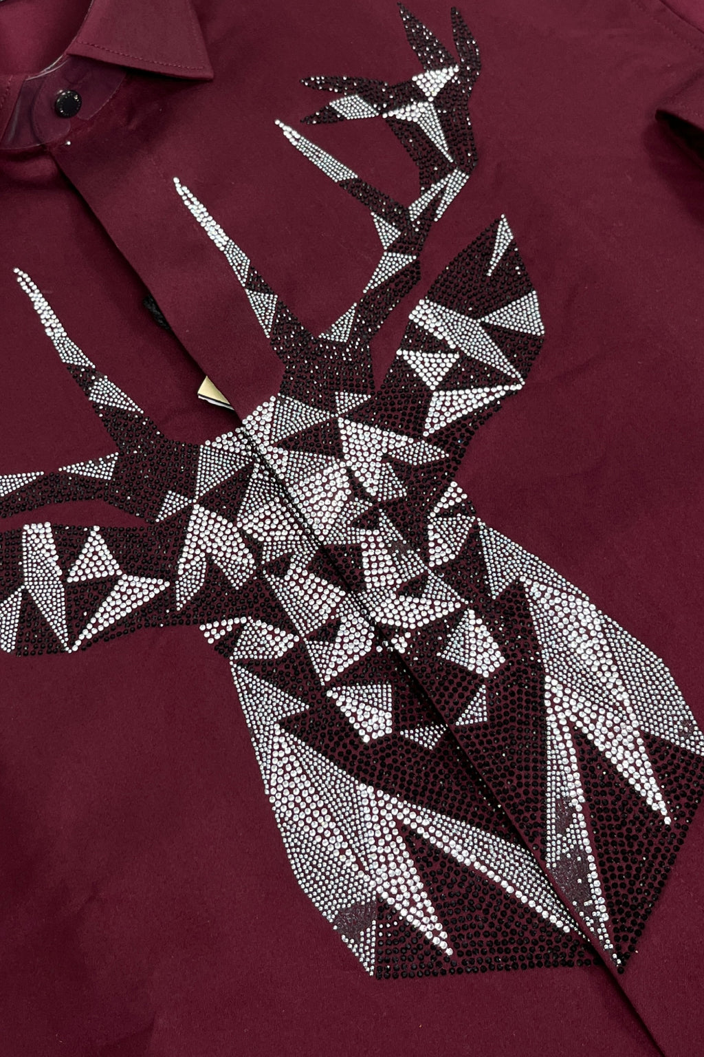 KENTO CLUB Luxury Maroon Cotton Satin Shirt | Tailored Fit Men's Shirt w/ Geometric Stag Head Patchwork
