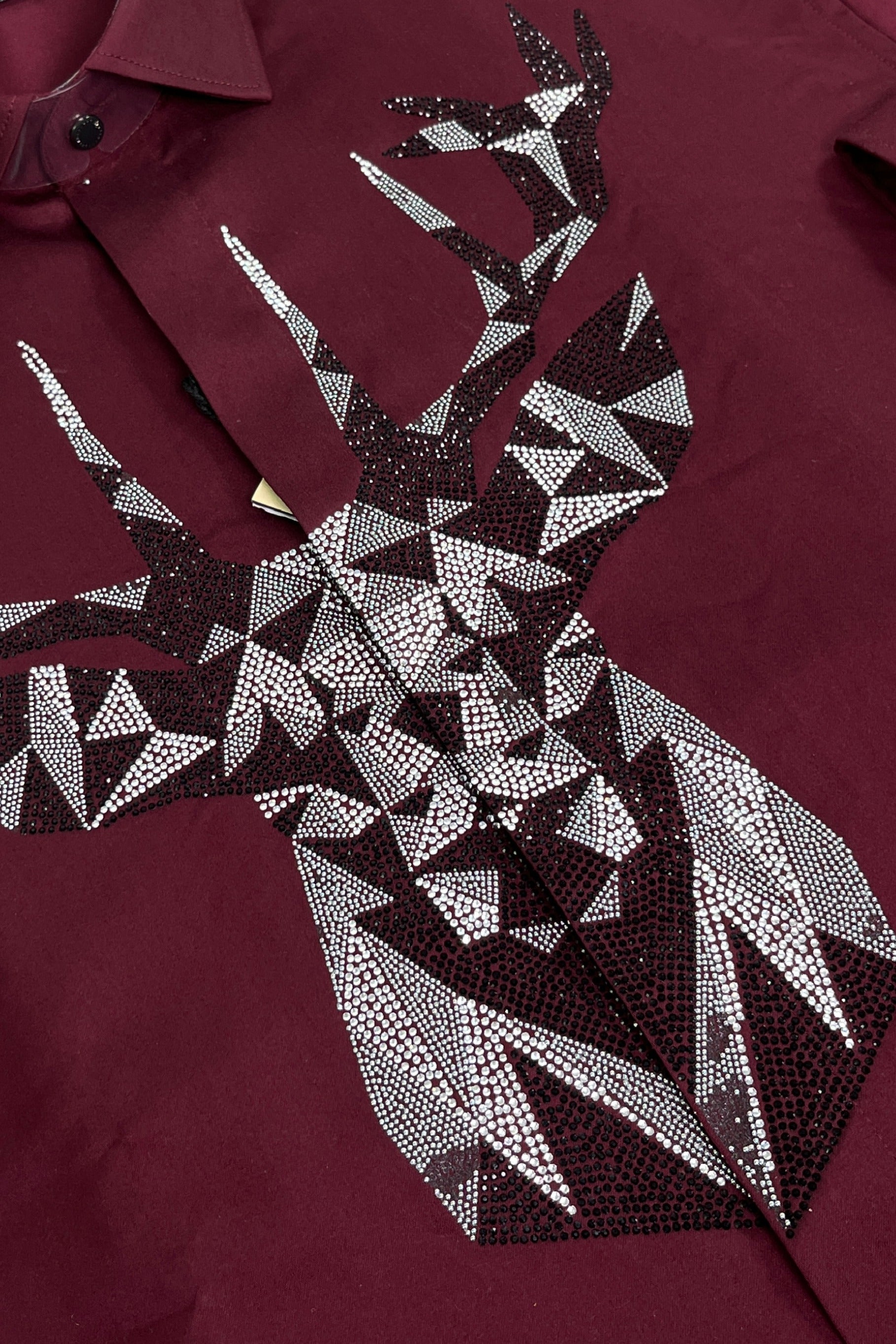 KENTO CLUB Luxury Maroon Cotton Satin Shirt | Tailored Fit Men's Shirt w/ Geometric Stag Head Patchwork