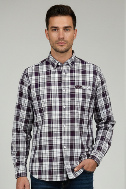 Man wearing a Check shirt with a gray background
