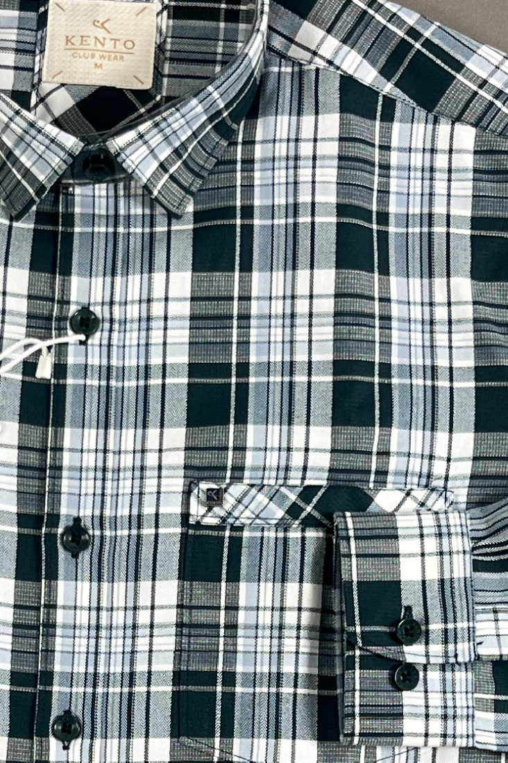 KENTO CLUB Premium Plaid Casual Check Shirt | Deep Green Tailored Flannel w/ Button-Down Collar
