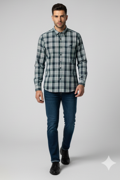 KENTO CLUB Premium Plaid Casual Check Shirt | Deep Green Tailored Flannel w/ Button-Down Collar