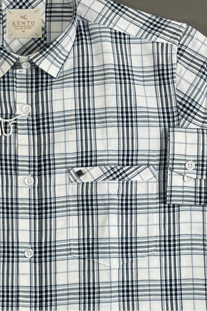 KENTO CLUB Men’s Premium Cotton Checks Shirt | White & Blue Slim Fit Casual Shirt