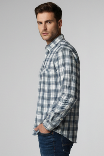 KENTO CLUB Men’s Premium Cotton Checks Shirt | White & Blue Slim Fit Casual Shirt