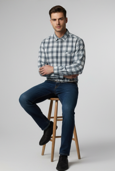 KENTO CLUB Men’s Premium Cotton Checks Shirt | White & Blue Slim Fit Casual Shirt