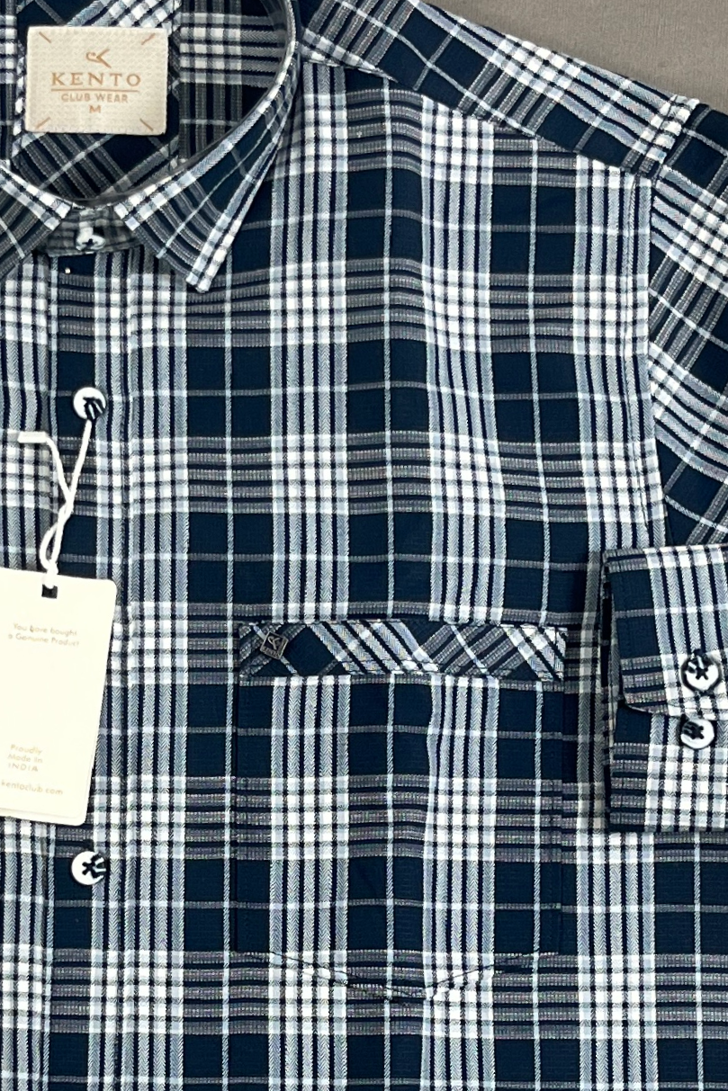 KENTO CLUB Men’s Navy Blue Premium Cotton Checks Shirt | Slim Fit Casual Wear