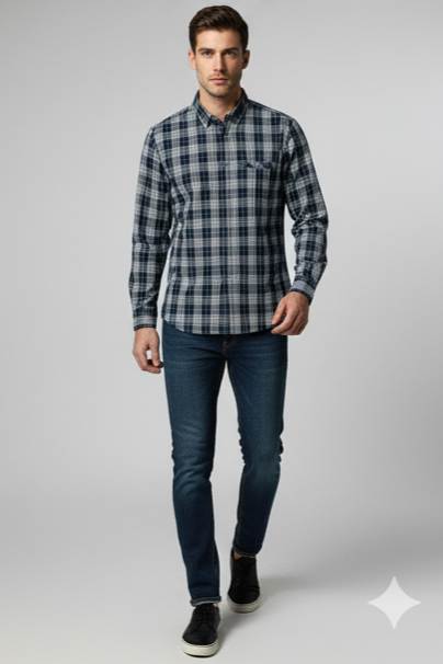 KENTO CLUB Men’s Navy Blue Premium Cotton Checks Shirt | Slim Fit Casual Wear