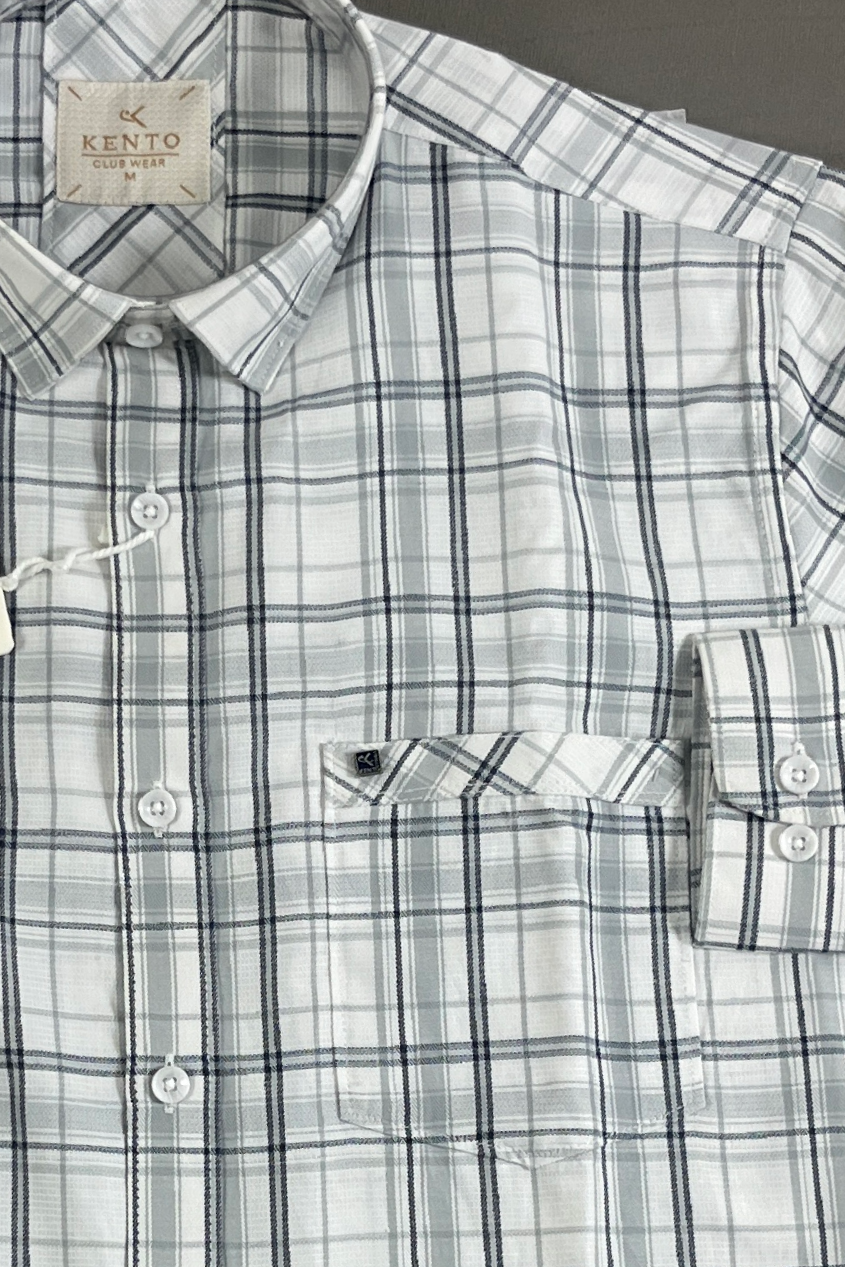 KENTO CLUB Men’s Grey & White Premium Cotton Checks Shirt | Slim Fit Casual Wear