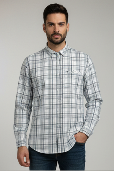 KENTO CLUB Men’s Grey & White Premium Cotton Checks Shirt | Slim Fit Casual Wear