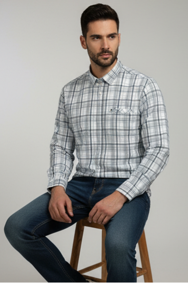 KENTO CLUB Men’s Grey & White Premium Cotton Checks Shirt | Slim Fit Casual Wear