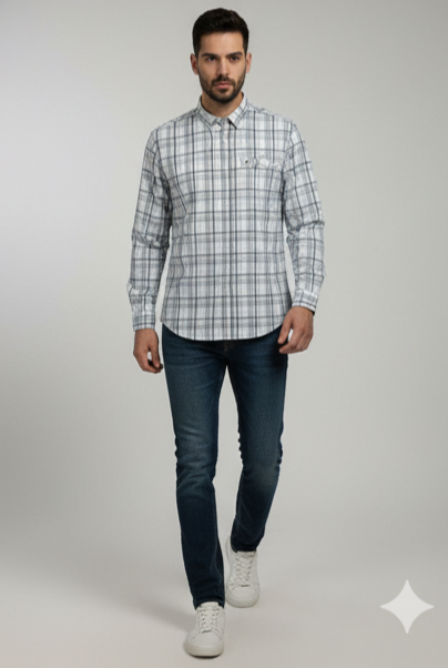 KENTO CLUB Men’s Grey & White Premium Cotton Checks Shirt | Slim Fit Casual Wear