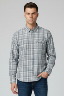 KENTO CLUB Men’s Light Grey & Blue Premium Cotton Checks Shirt | Slim Fit Casual Wear