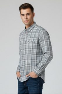 KENTO CLUB Men’s Light Grey & Blue Premium Cotton Checks Shirt | Slim Fit Casual Wear