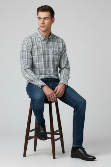 KENTO CLUB Men’s Light Grey & Blue Premium Cotton Checks Shirt | Slim Fit Casual Wear