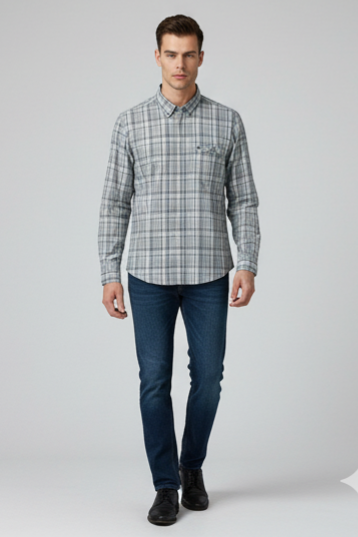KENTO CLUB Men’s Light Grey & Blue Premium Cotton Checks Shirt | Slim Fit Casual Wear