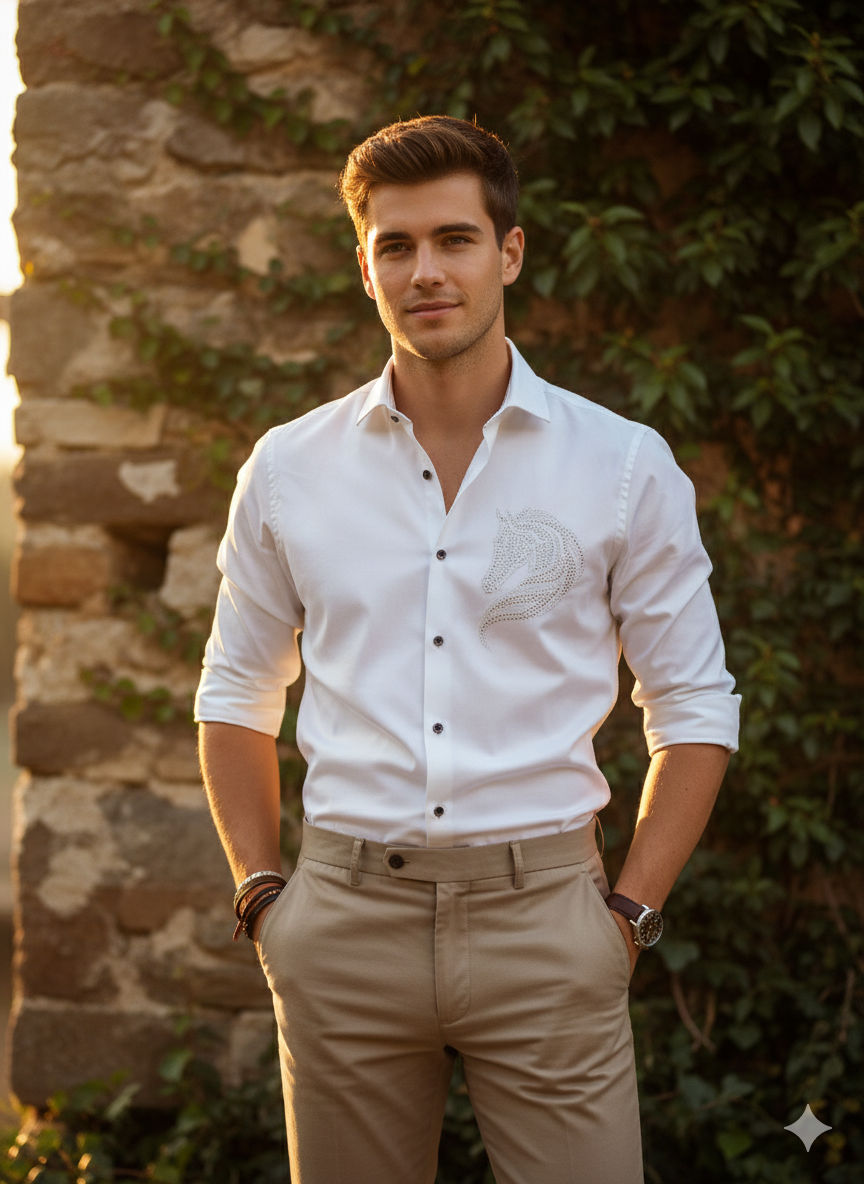 Men's White Cotton Satin Party Shirt with Horse Crest Patchwork | Slim Fit