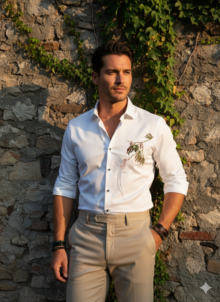 KENTO CLUB Luxury Cotton Satin Dress Shirt | Men's Tailored Fit w/ Hummingbird Patchwork