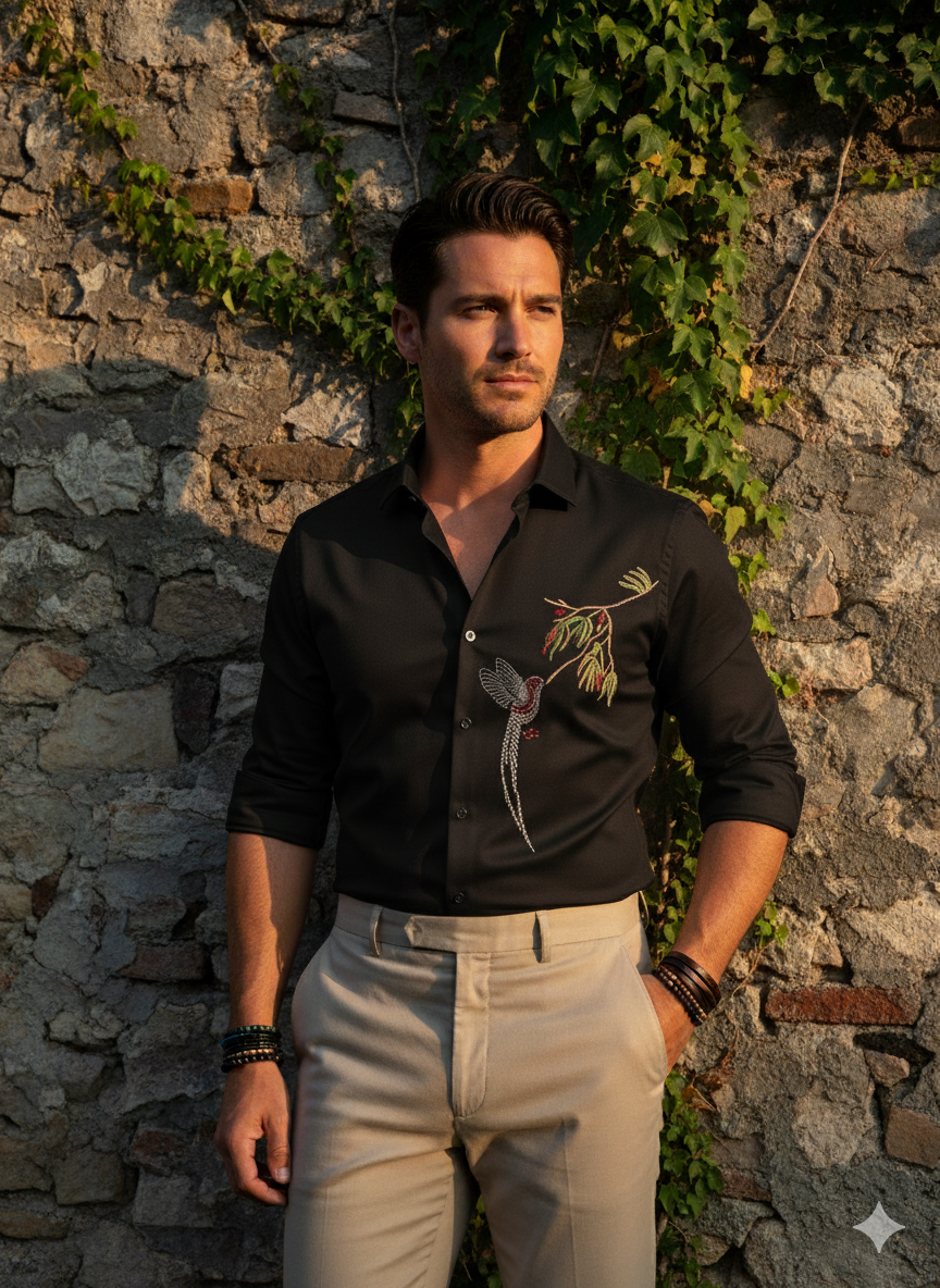 KENTO CLUB Luxury Cotton Satin Dress Shirt | Men's Tailored Fit w/ Hummingbird Patchwork