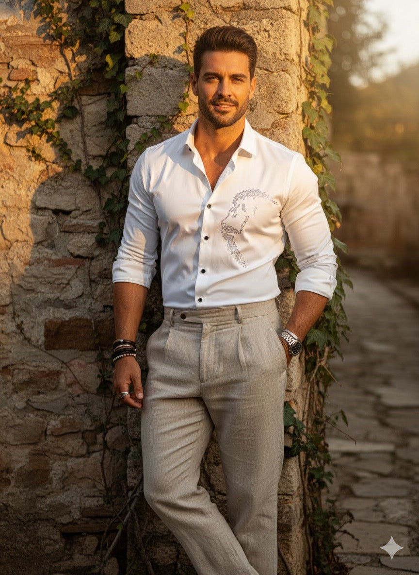 KENTO CLUB Luxury Cotton Satin Dress Shirt | Tailored Fit Men's Shirt w/ Exclusive Lion Head Patchwork