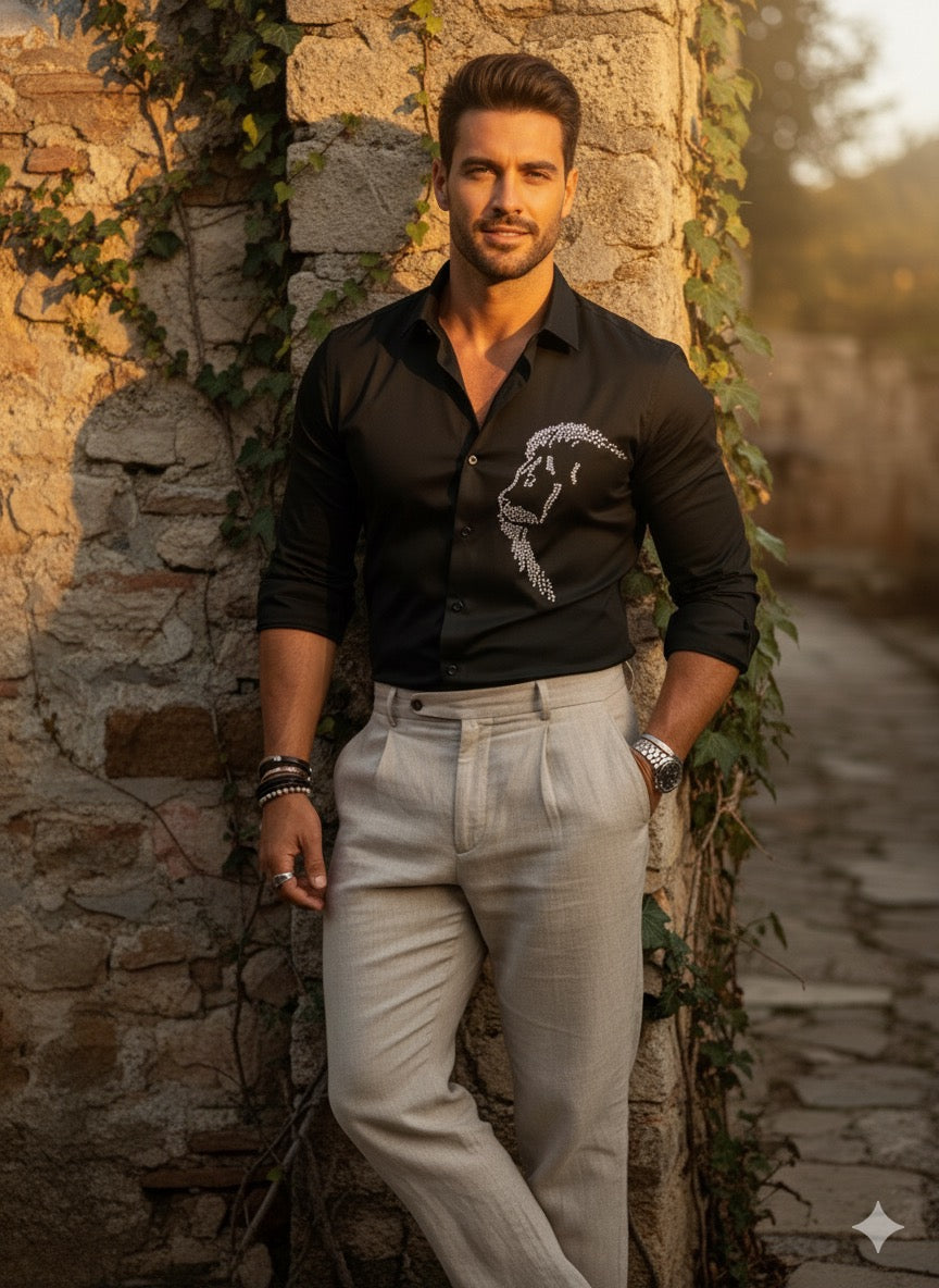 KENTO CLUB Luxury Cotton Satin Dress Shirt | Tailored Fit Men's Shirt w/ Exclusive Lion Head Patchwork