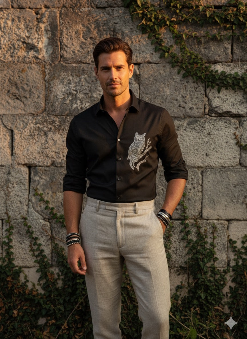 KENTO CLUB Luxury Cotton Satin Dress Shirt | Tailored Fit Men's Shirt w/ Exclusive Owl Patchwork