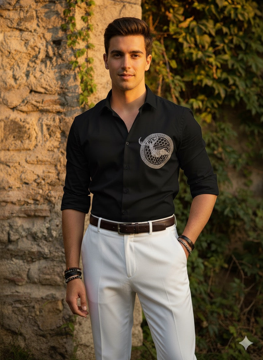 KENTO CLUB Luxury Cotton Satin Shirt | Tailored Fit w/ Designer Geometric Chest Patch