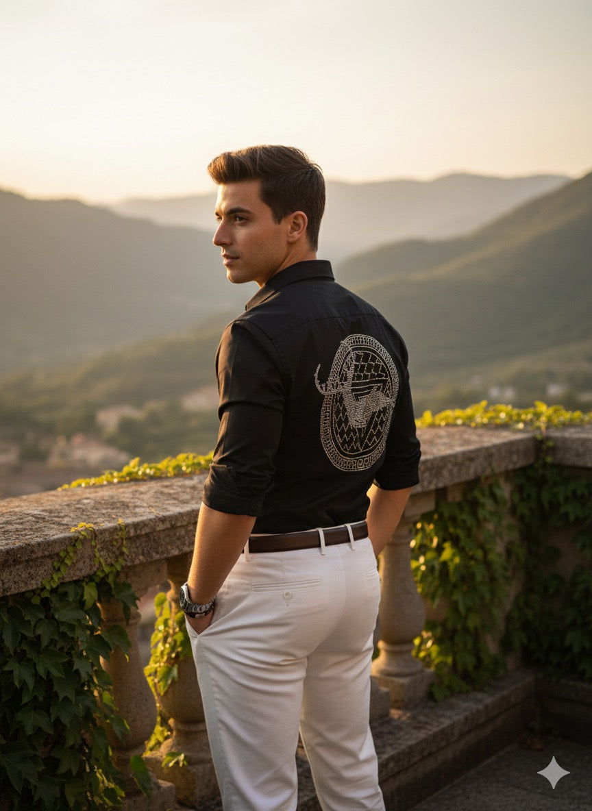 KENTO CLUB Luxury Cotton Satin Shirt | Tailored Fit w/ Designer Geometric Chest Patch