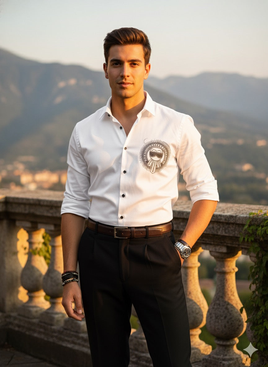 KENTO CLUB Luxury Cotton Satin Shirt | Tailored Fit w/ Designer Geometric Chest Patch
