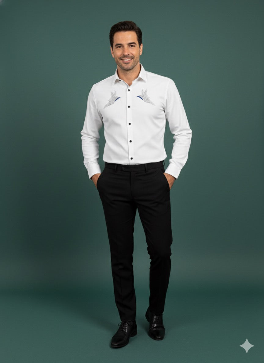 KENTO CLUB Luxury Cotton Satin Shirt | Men's Tailored Fit w/ Dual Embroidered Bird Motif