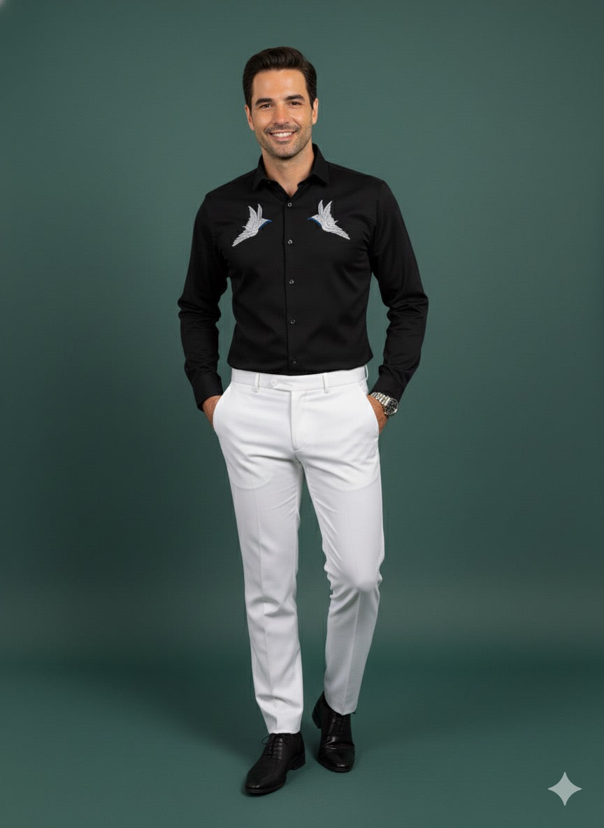 KENTO CLUB Luxury Cotton Satin Shirt | Men's Tailored Fit w/ Dual Embroidered Bird Motif
