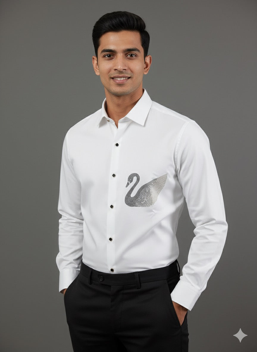 KENTO CLUB Luxury Cotton Satin Dress Shirt | Tailored Fit w/ Elegant Swan Patchwork