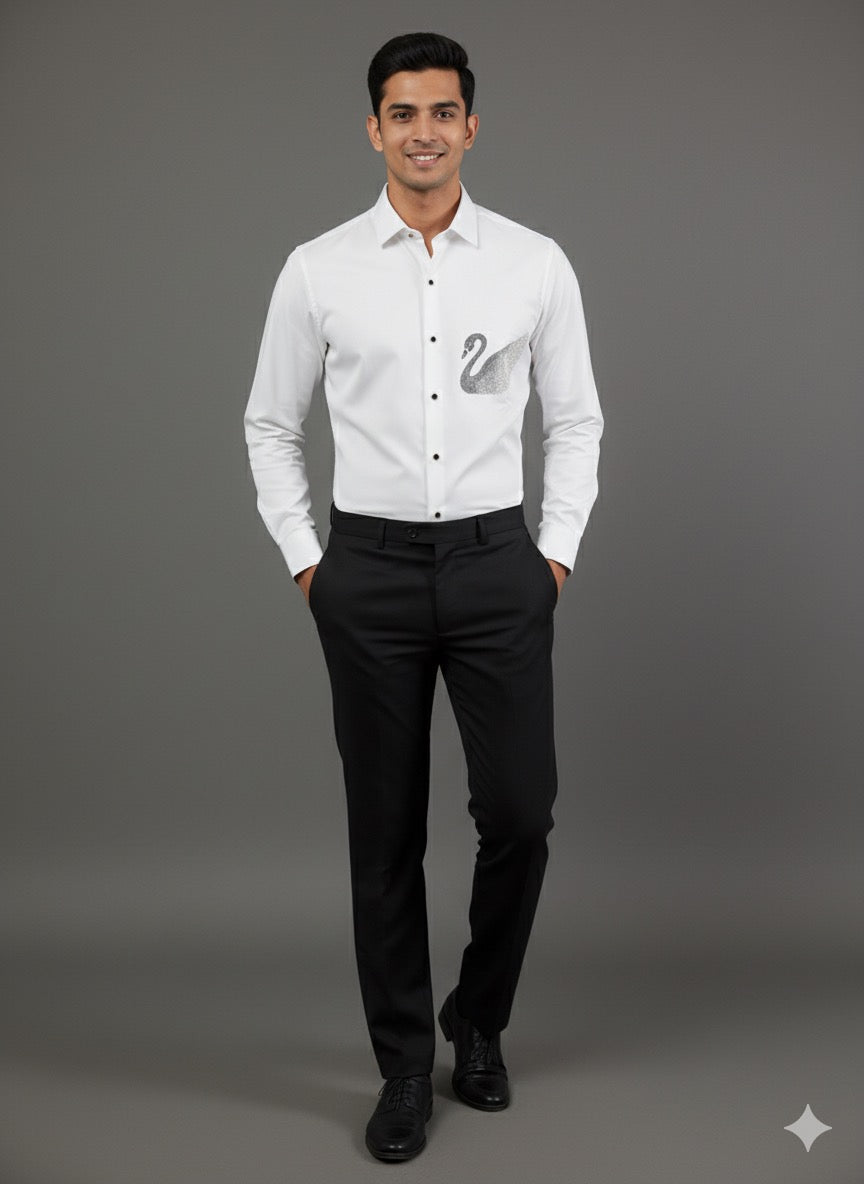 KENTO CLUB Luxury Cotton Satin Dress Shirt | Tailored Fit w/ Elegant Swan Patchwork