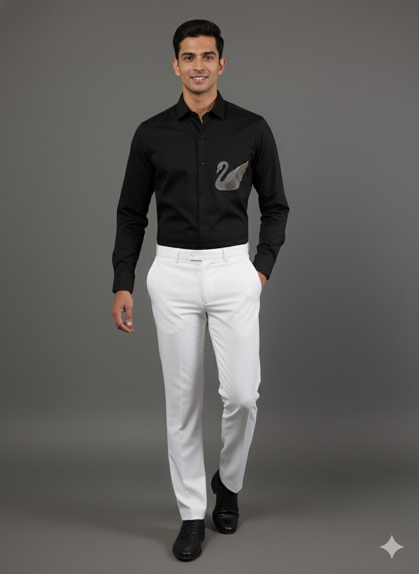 KENTO CLUB Luxury Cotton Satin Dress Shirt | Tailored Fit w/ Elegant Swan Patchwork