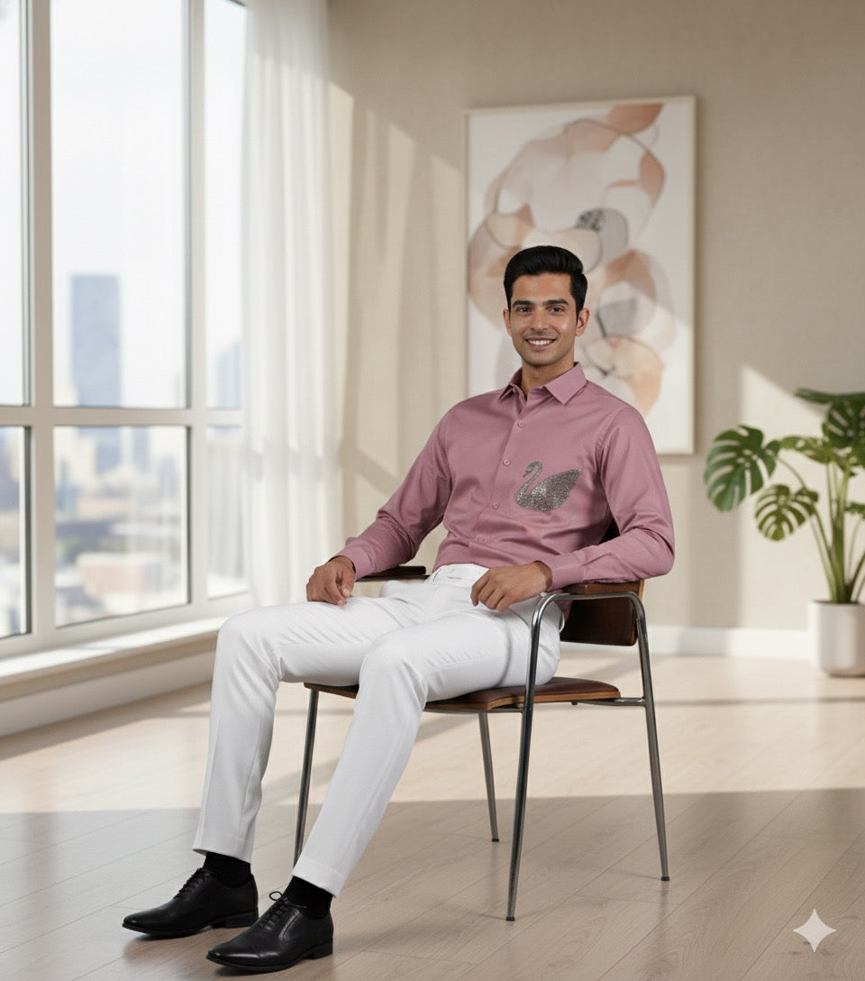 KENTO CLUB Luxury Cotton Satin Dress Shirt | Tailored Fit w/ Elegant Swan Patchwork