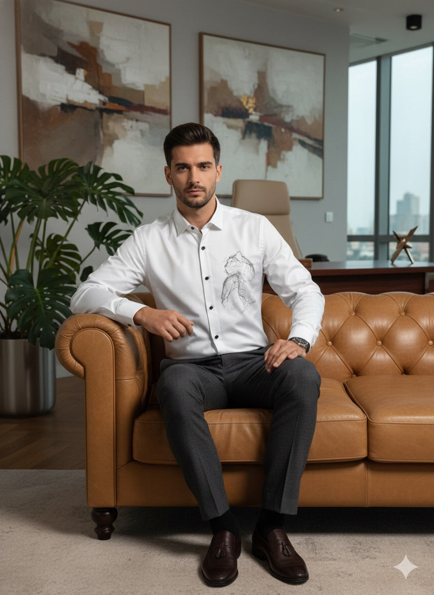 KENTO CLUB Luxury Cotton Satin Dress Shirt | Tailored Fit w/ Elegant Swan Patchwork