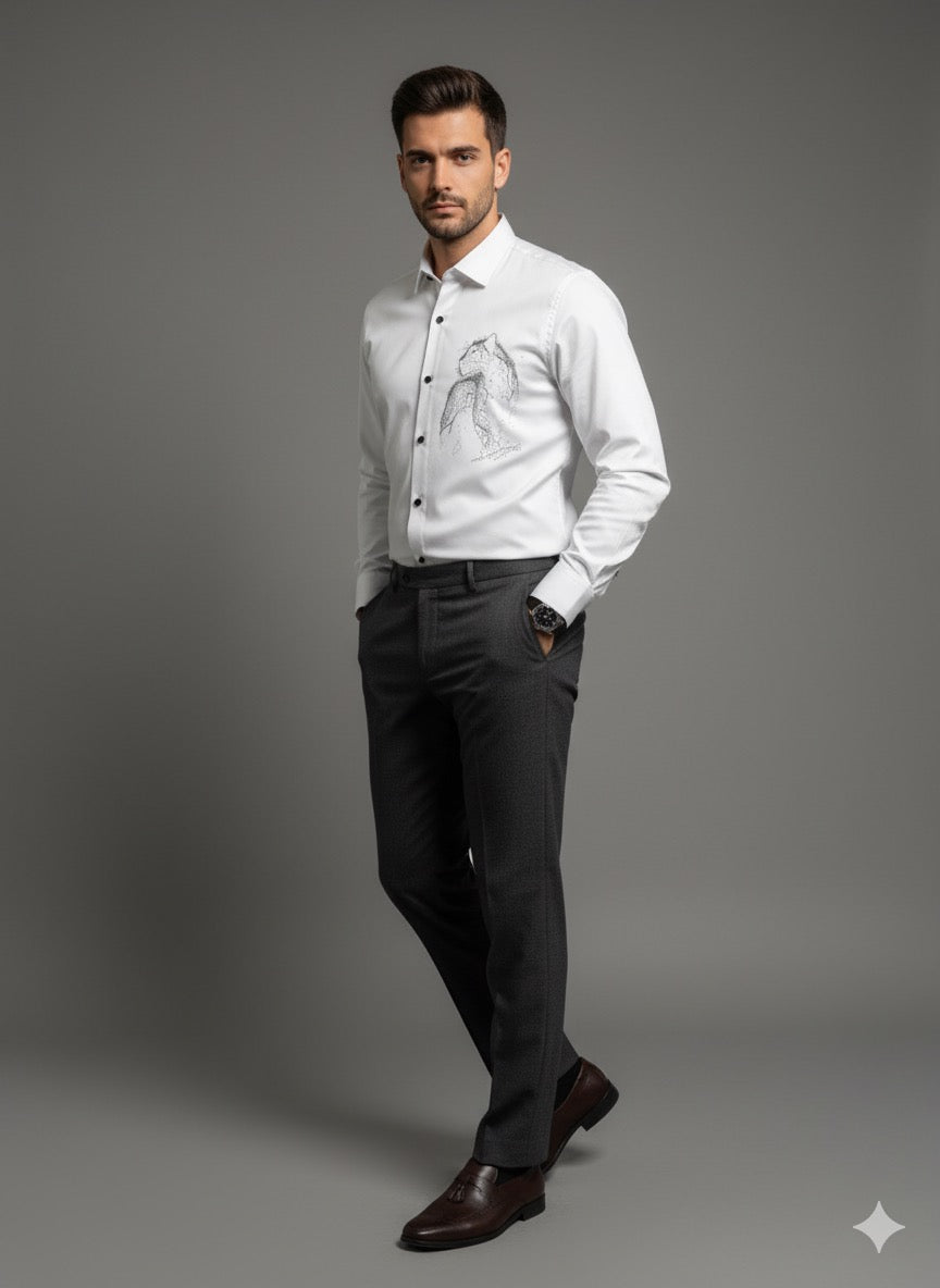 KENTO CLUB Luxury Cotton Satin Dress Shirt | Tailored Fit w/ Elegant Swan Patchwork