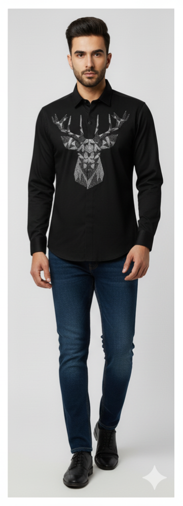 KENTO CLUB Luxury Black Cotton Satin Shirt | Tailored Fit Men's Shirt w/ Geometric Stag Head Patchwork