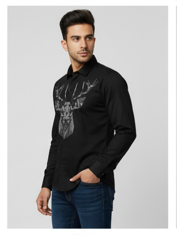 KENTO CLUB Luxury Black Cotton Satin Shirt | Tailored Fit Men's Shirt w/ Geometric Stag Head Patchwork