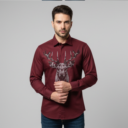 KENTO CLUB Luxury Maroon Cotton Satin Shirt | Tailored Fit Men's Shirt w/ Geometric Stag Head Patchwork