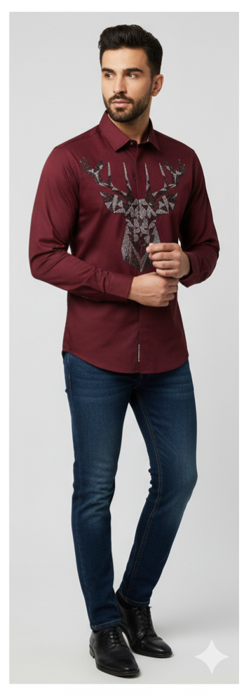 KENTO CLUB Luxury Maroon Cotton Satin Shirt | Tailored Fit Men's Shirt w/ Geometric Stag Head Patchwork