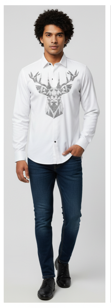 KENTO CLUB Luxury White Cotton Satin Shirt | Tailored Fit Men's Shirt w/ Geometric Stag Head Patchwork